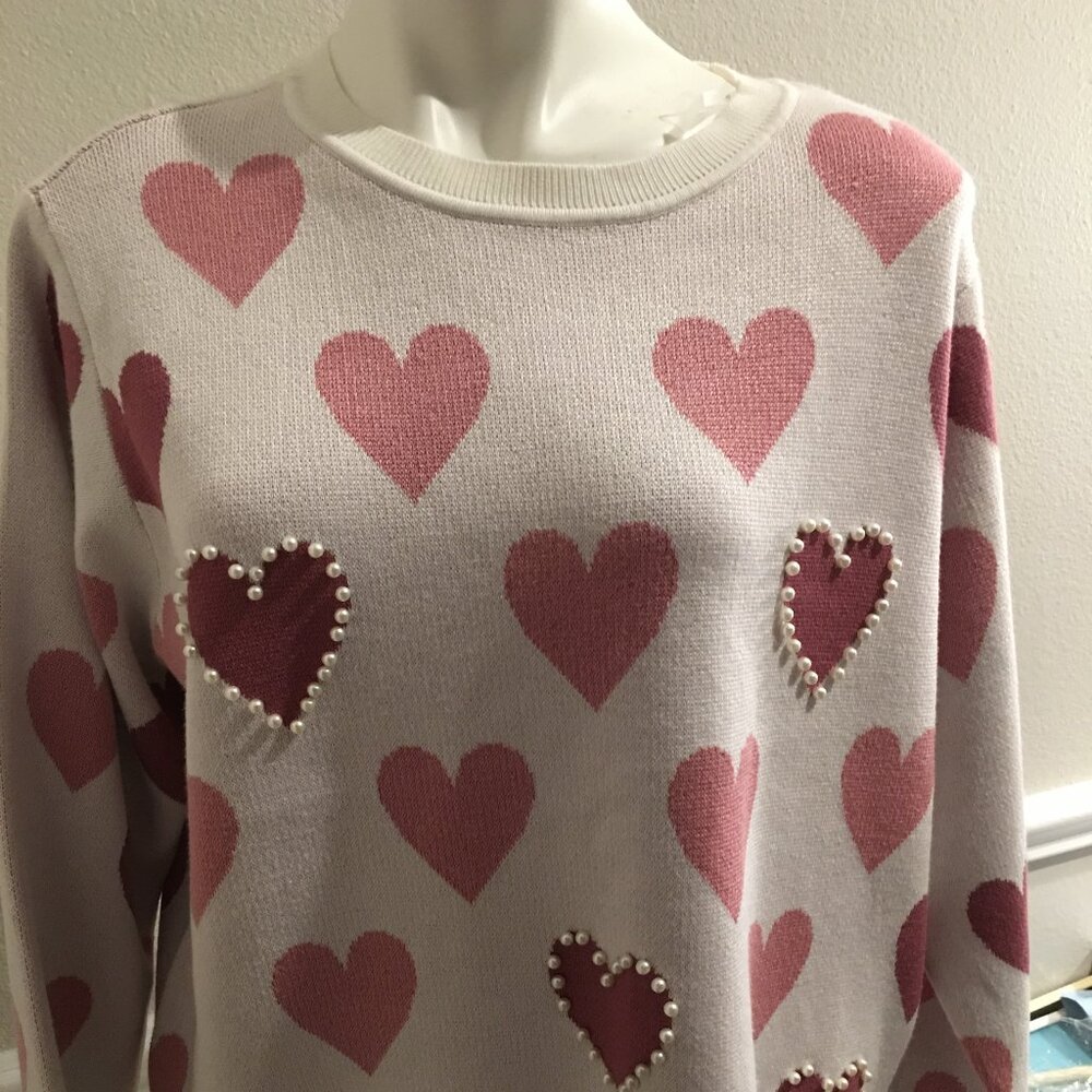 Coco & Shay Heart Sweater - So cute Faux Pearls,   XL